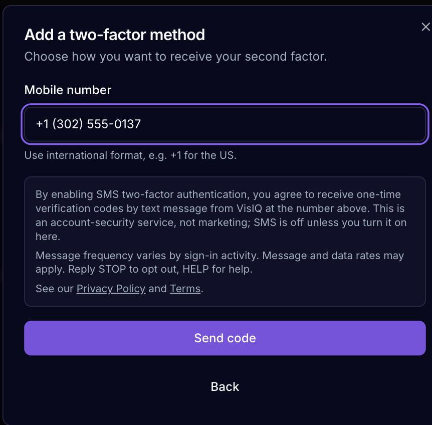 Screenshot of the VisIQ opt-in screen at app.visiqlabs.com, Settings › Security. The user enters a mobile phone number and turns on SMS text message as a two-factor authentication method. The screen shows the consent statement (message frequency varies, message and data rates may apply, reply STOP to opt out and HELP for help, with links to the Privacy Policy and Terms) above a Send code button.